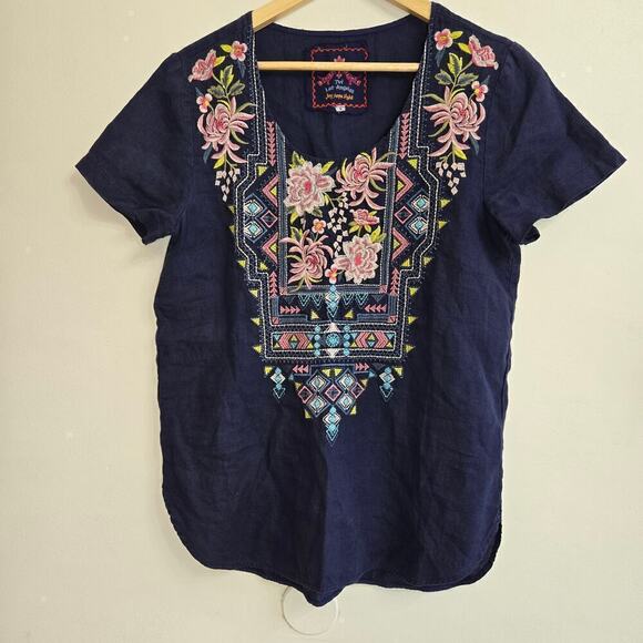 JOHNNY WAS Navy Embroidered Boho Scoop Neck Linen Top Small - Picture 1 of 8